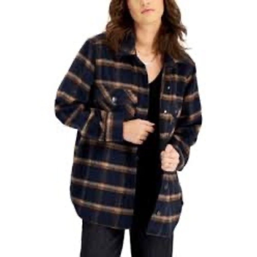 OAT New York XL Flannel Shirt Jacket Blue‎ Brown Plaid Long Sleeve Shacket